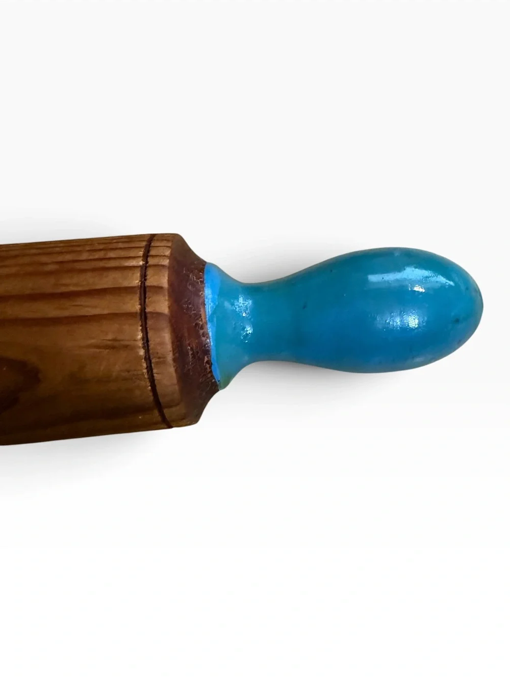 Vintage Wood Rolling Pin Featuring Painted  Teal Handles